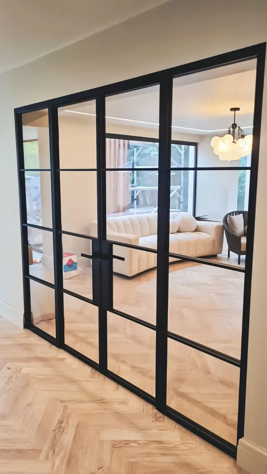 Domestic Glass Partition incorporating Bespoke Steel Double Glass Door separating the Lounge Area and Home Entrance Area
