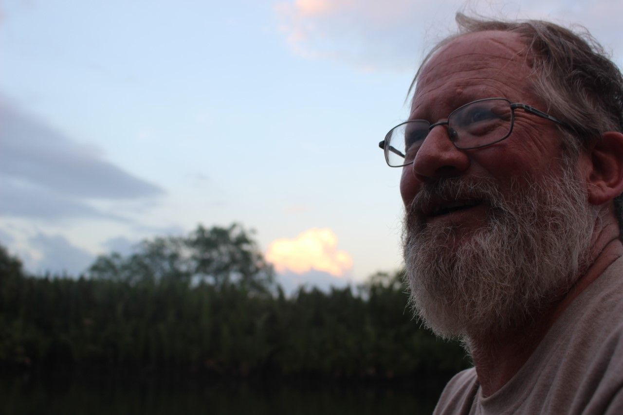 Man with glasses and a beard looking toward a colorful sky with trees in the background.