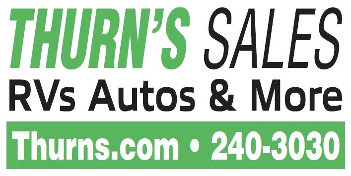 Thurn’s Sales logo with green and black text, “RVs Autos & More,” plus Thurns.com and 240-3030