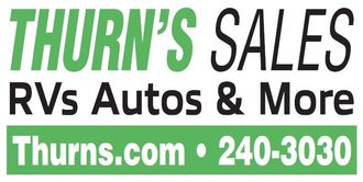 Thurn’s Sales logo with green and black text, “RVs Autos & More,” plus Thurns.com and 240-3030