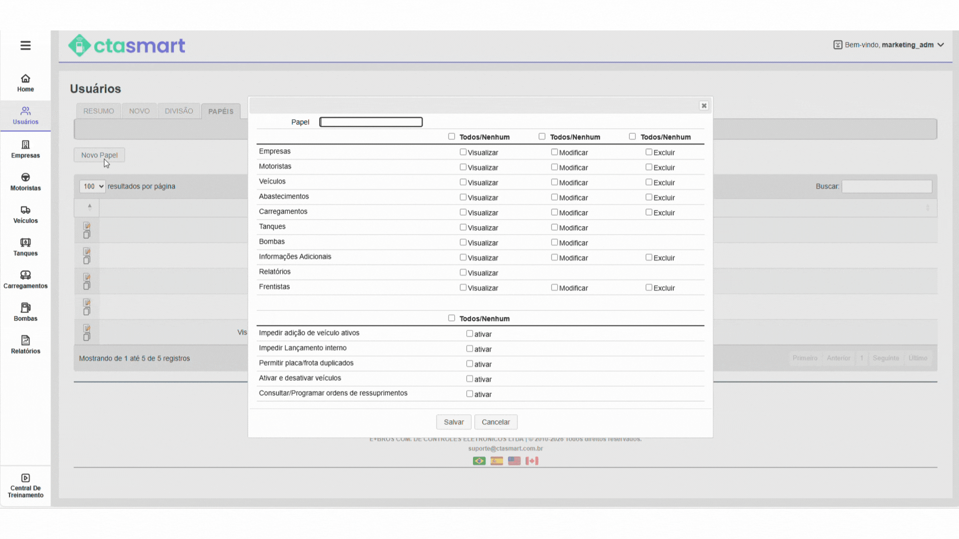 Tela de aplicativo de desktop desfocada com uma caixa de diálogo modal centralizada exibindo uma tabela.