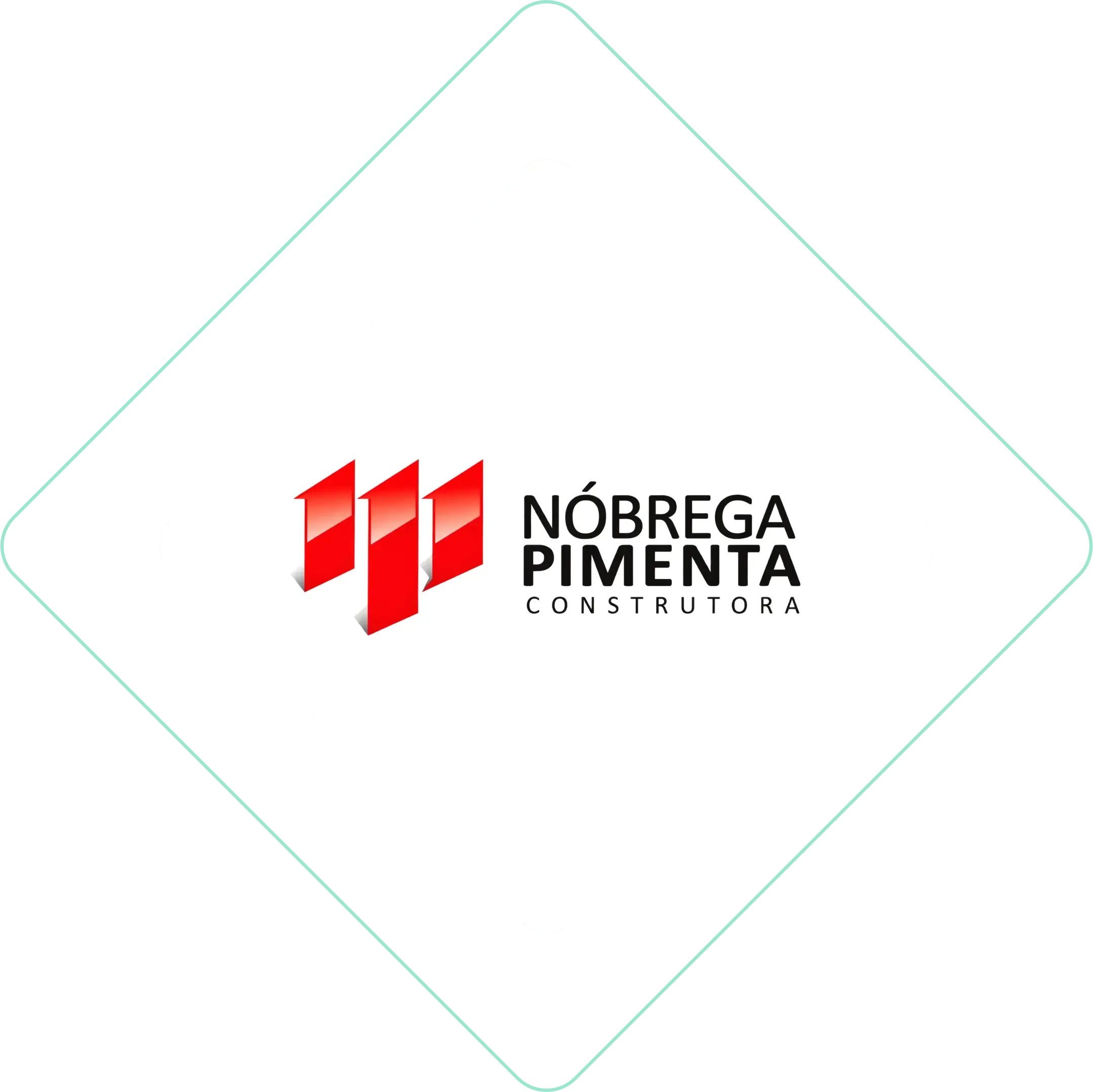 Logo da Nóbrega Pimenta Consultoria em vermelho e preto, sobre fundo branco com moldura geométrica verde clara