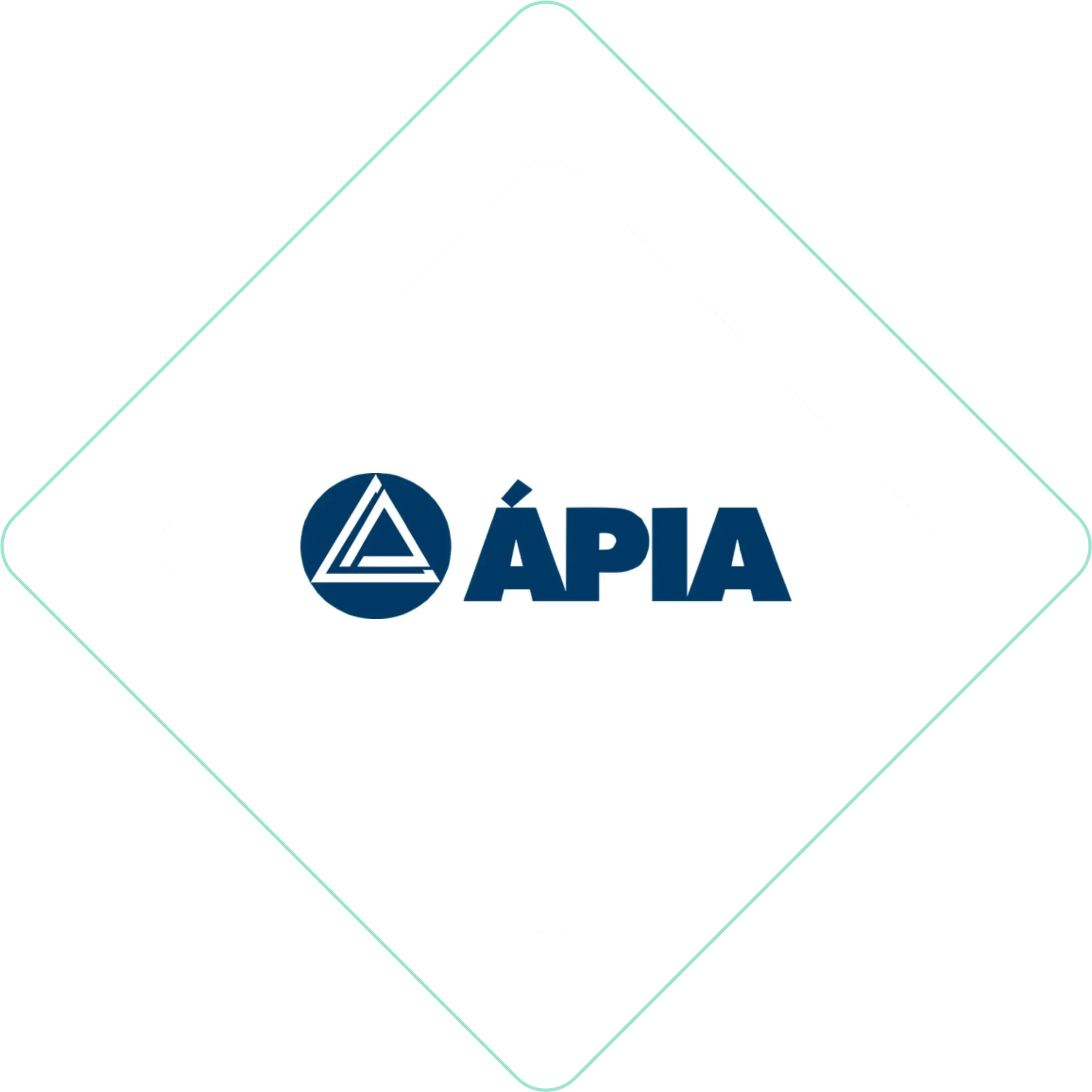 Logotipo azul da APIA centralizado dentro de um contorno de diamante verde claro.