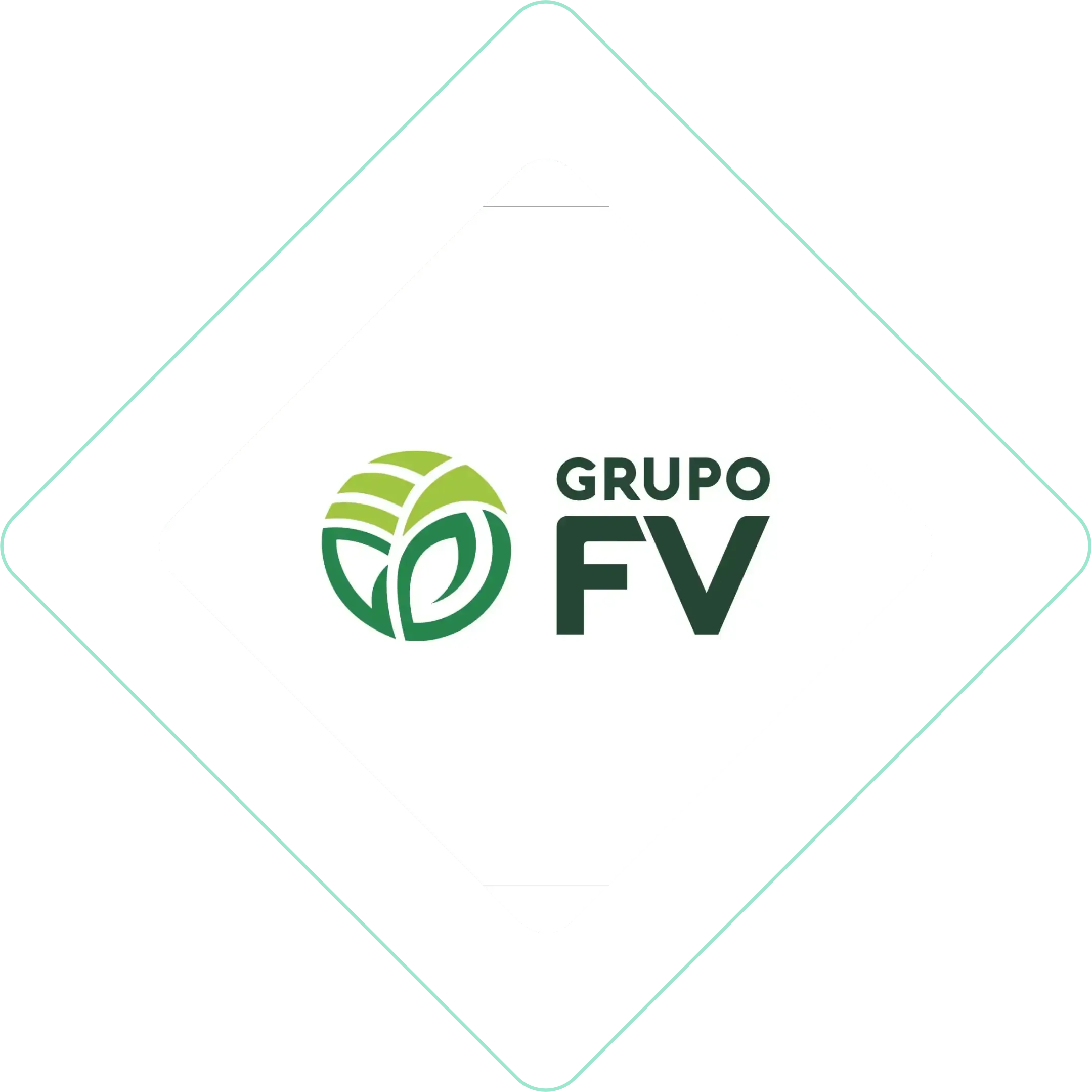 Logotipo verde do Grupo FV com ícone de folha dentro de um contorno de diamante claro sobre fundo branco.
