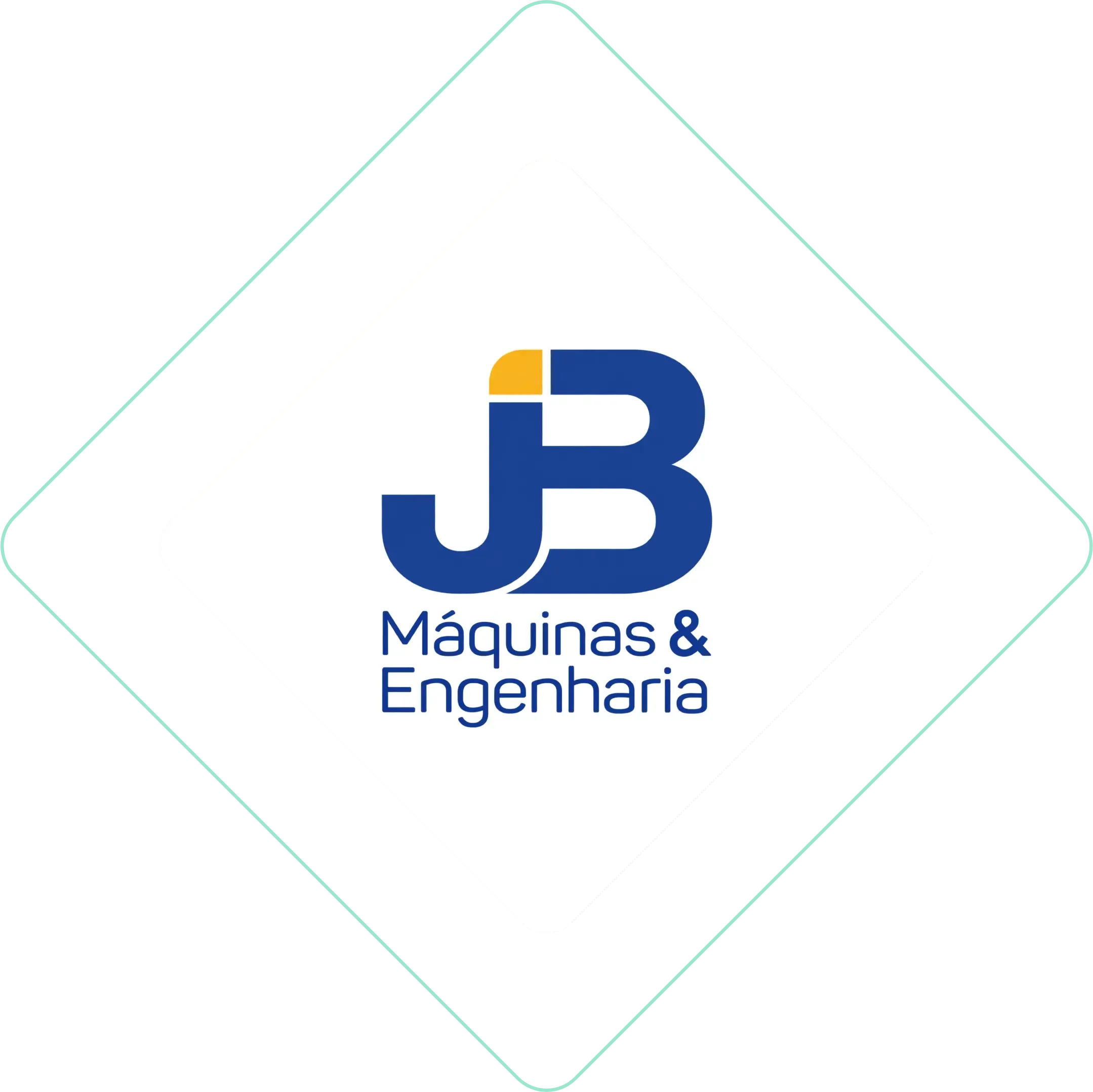 Logo da JB Máquinas & Engenharia em azul e dourado, sobre fundo branco com losango contornado em verde claro