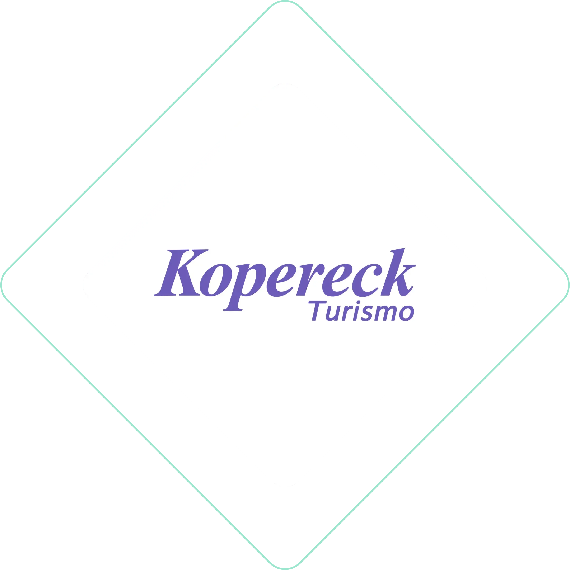 Logotipo da Kopereck Turismo em texto itálico roxo dentro de um fino contorno de diamante verde claro