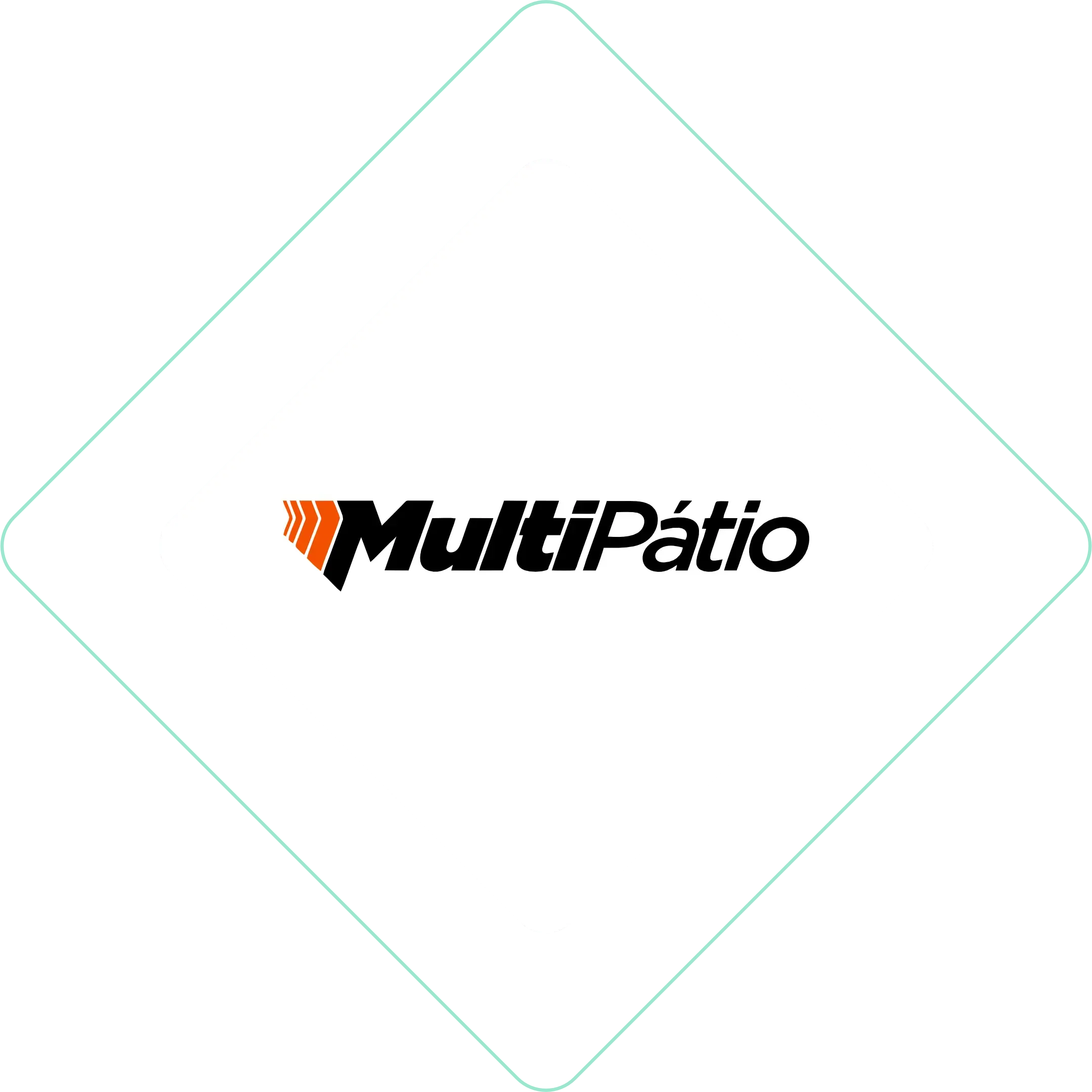 Logotipo da MultiPátio em preto e laranja dentro de um fino contorno de diamante verde claro.