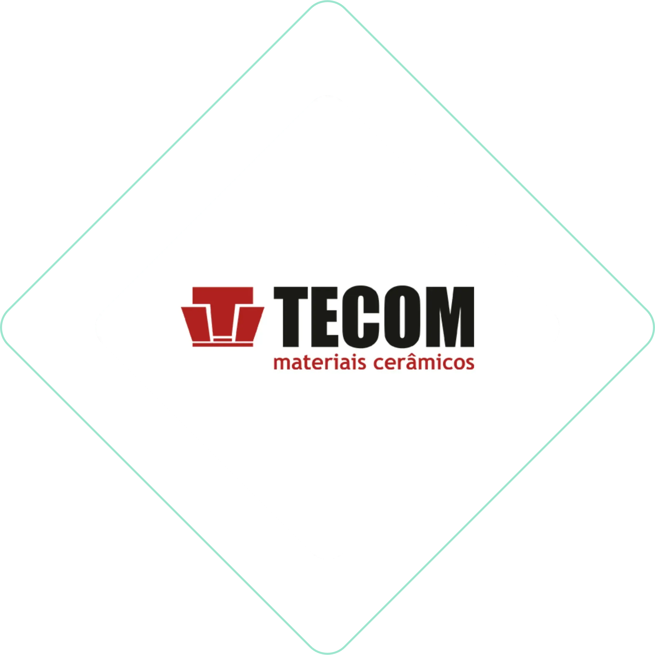 Logotipo da TECOM materiais cerâmicas em preto e vermelho dentro de um contorno de diamante verde-azulado claro.
