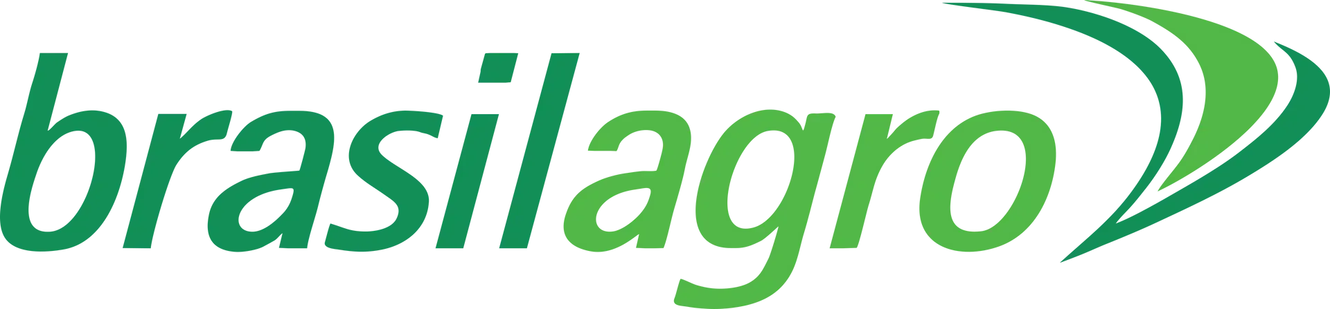 Logotipo da Brasilagro em itálico verde com um traço em forma de folha sobre fundo branco.