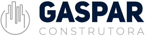 Logotipo da GASPAR Construtora em azul e cinza com um ícone estilizado de construção.