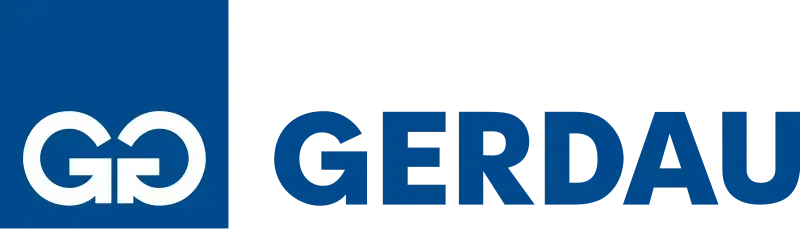 Logotipo da GERDAU em azul com o símbolo G entrelaçado em branco sobre um quadrado azul.
