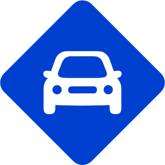 Sinal de trânsito em forma de diamante azul com um símbolo de carro branco