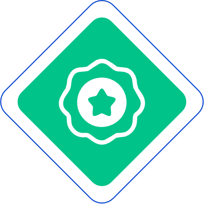 Ícone de diamante verde com emblema recortado branco e estrela no interior, contornado em azul.