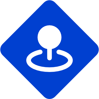 Logotipo de diamante azul com um ícone de pessoa branca acima de um anel circular