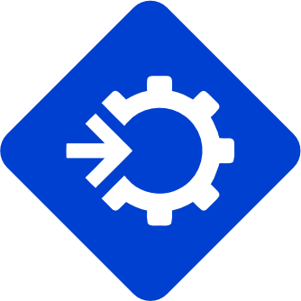 Ícone de diamante azul com uma engrenagem branca e uma seta apontando para a direita, sugerindo configurações ou automação.