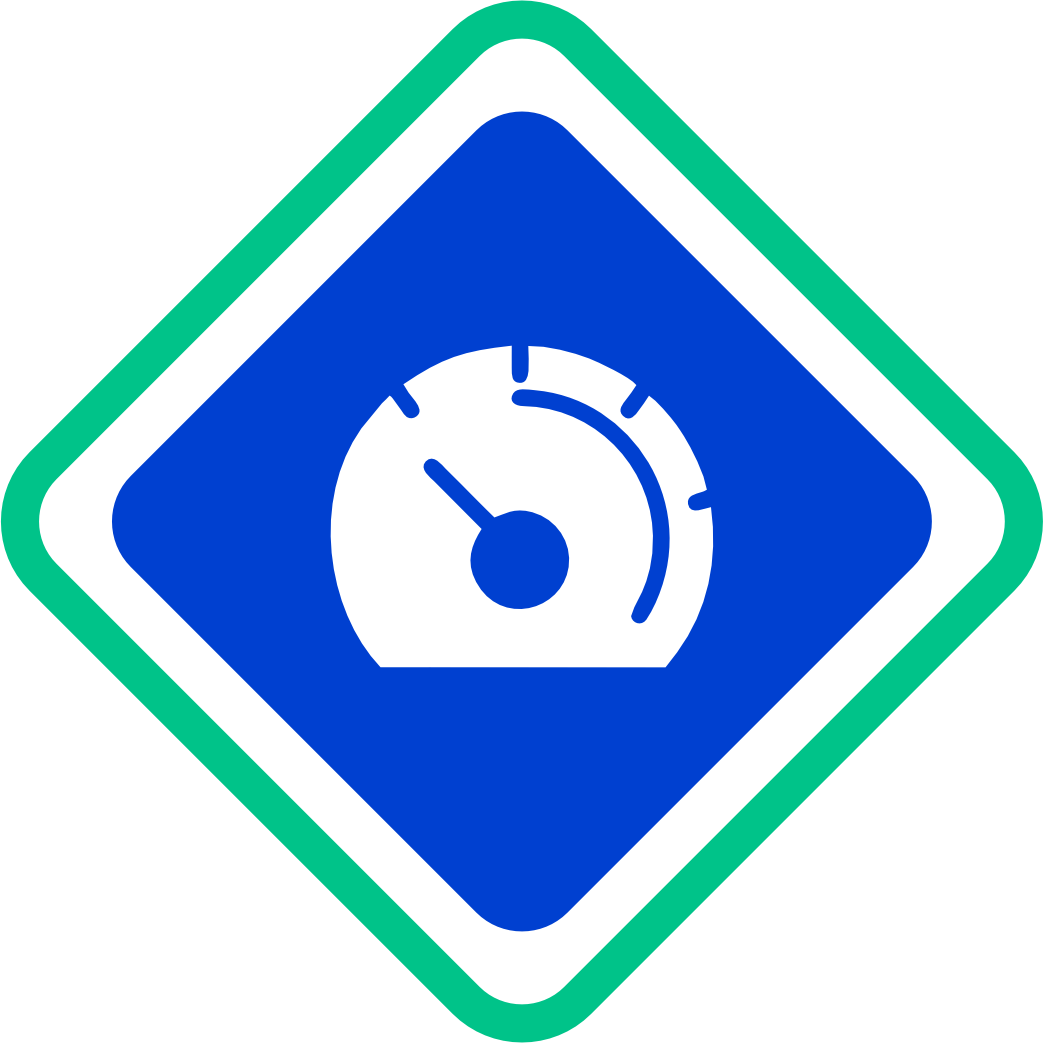 Ícone quadrado azul de velocímetro dentro de uma borda verde em forma de diamante sobre fundo branco