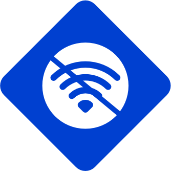 Ícone de diamante azul com símbolo de Wi-Fi branco riscado, indicando ausência de conexão sem fio.