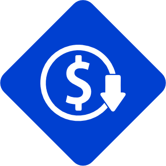 Ícone de diamante azul com cifrão branco e seta para baixo, indicando uma redução de preço.