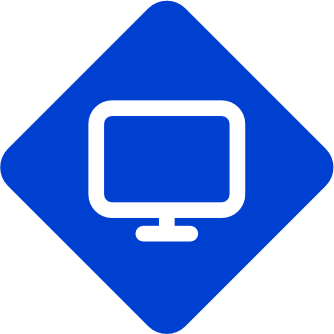 Ícone de diamante azul com um símbolo de monitor de computador branco