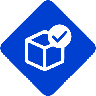Ícone de diamante azul com uma caixa contornada de branco e um selo de verificação.