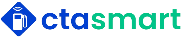 Logotipo da ctasmart com sacola de compras azul e ícone de Wi-Fi em texto azul em negrito.