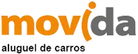 Logotipo da locadora de veículos Movida em laranja e preto com um pequeno sol laranja.