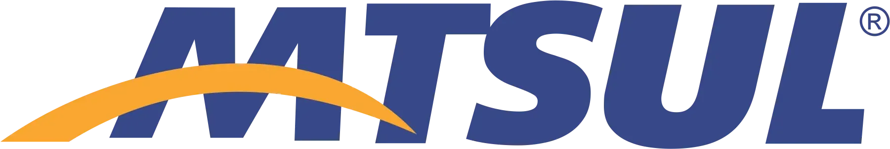 Logotipo da AATSUI em azul com um contorno laranja em forma de swoosh sobre fundo branco.