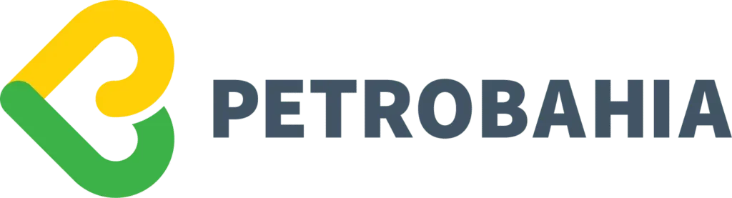 Logotipo da PETROBAHIA com um símbolo em forma de coração verde-amarelo e texto azul-acinzentado sobre fundo branco.