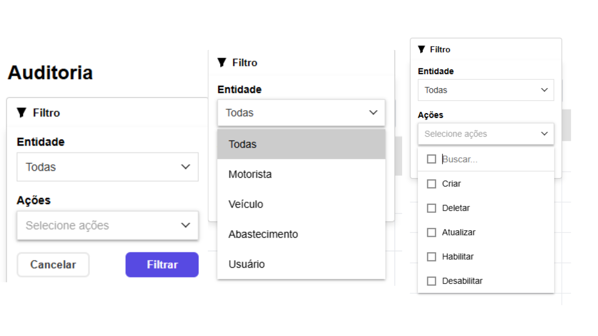Formulário de filtro do auditório com menus suspensos, caixas de seleção e botão azul 