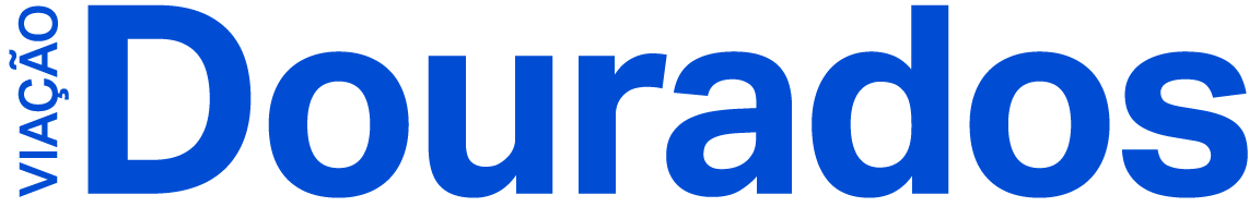 Logo “Viação Dourados” em azul com detalhe de estrada no canto esquerdo.