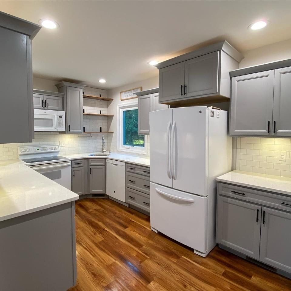 Kitchen with Gray Cabinets and Harwood Floor