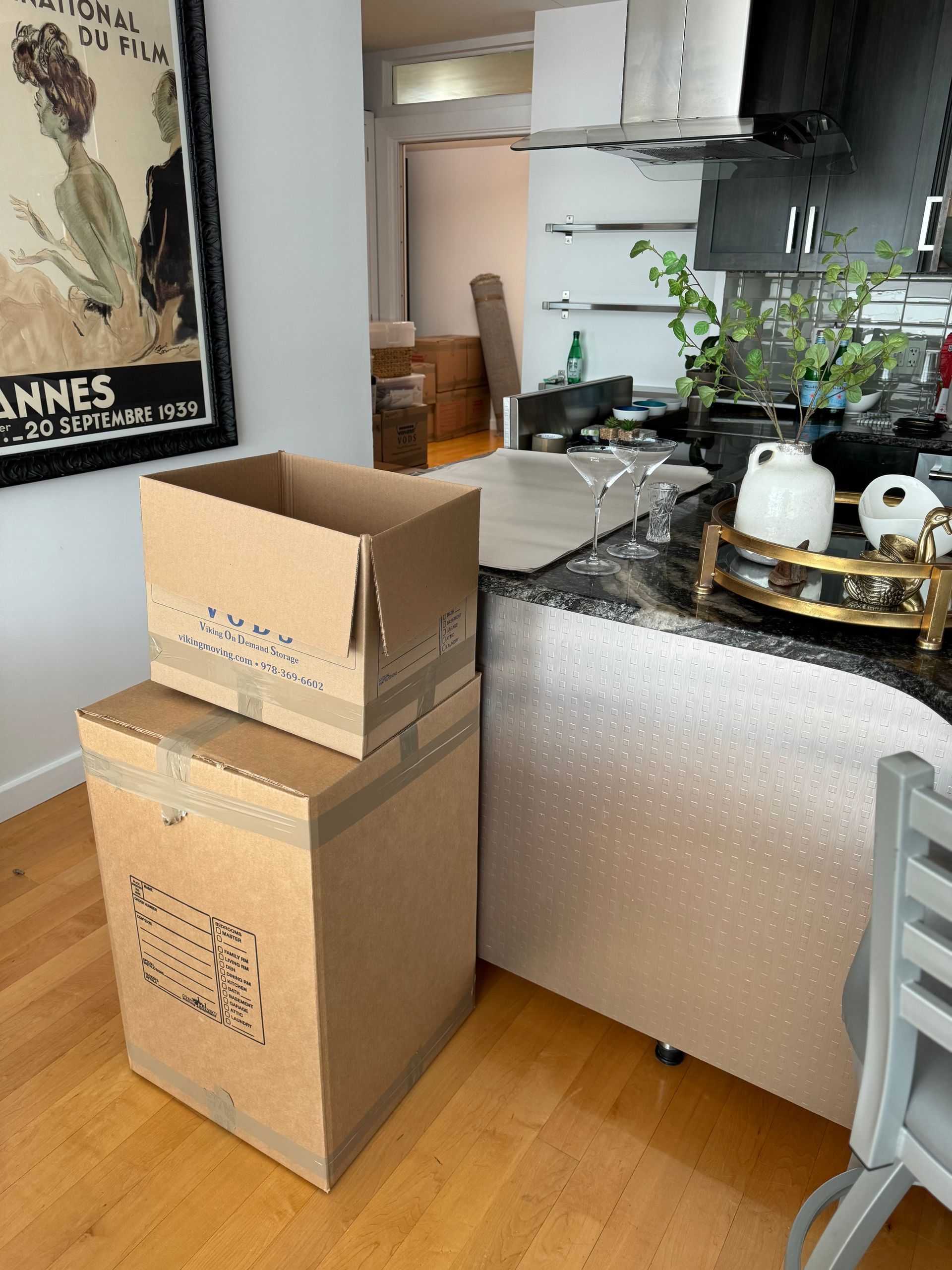 Kitchen being packed for moving.