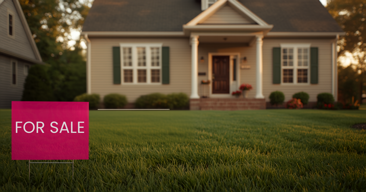 Suburban residential home with a For Sale sign
