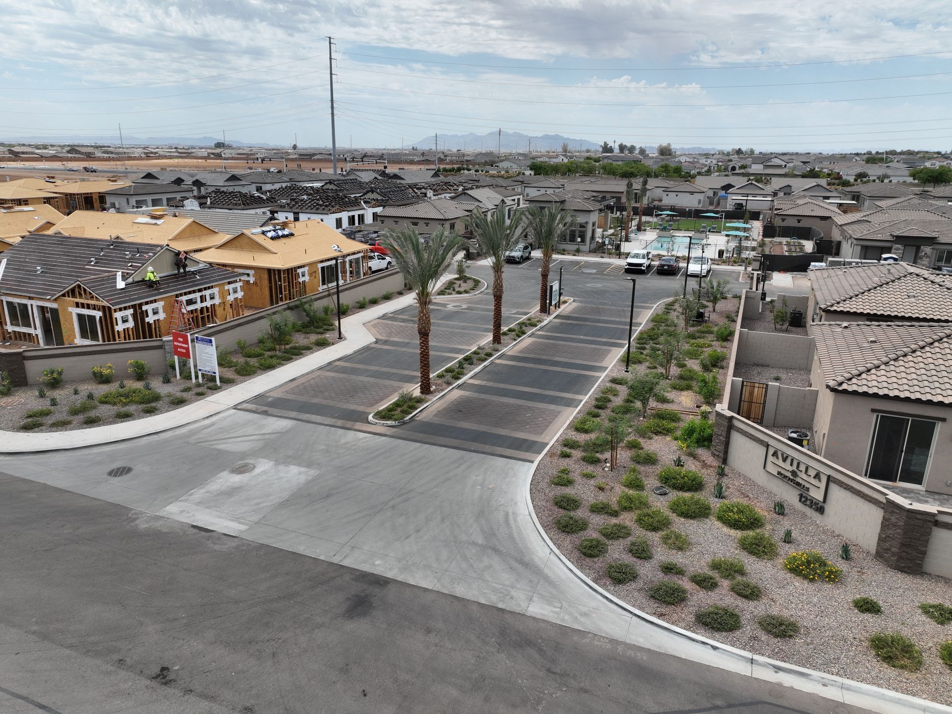 Suburban neighborhood entrance with palm trees, paved roads, and rows of colorful houses under a cloudy sky