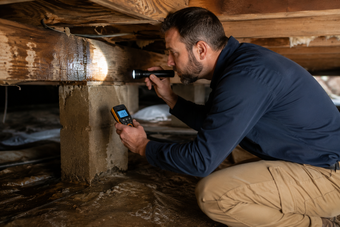 Crawl space contractor inspecting moisture conditions with a flashlight and moisture meter, realistic, horizontal