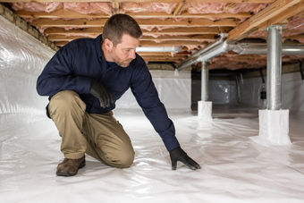 Professional contractor kneeling inside a clean crawl space inspecting completed encapsulation work