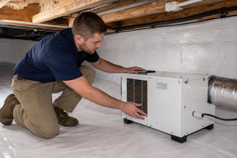 Professional installing a crawl space dehumidifier inside a clean encapsulated crawl space, no visible brand
