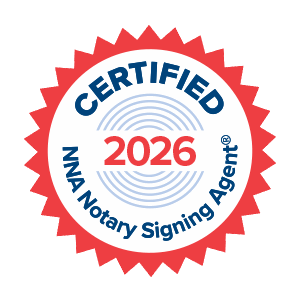 A circular badge with a red starburst border, white background, and blue text reading