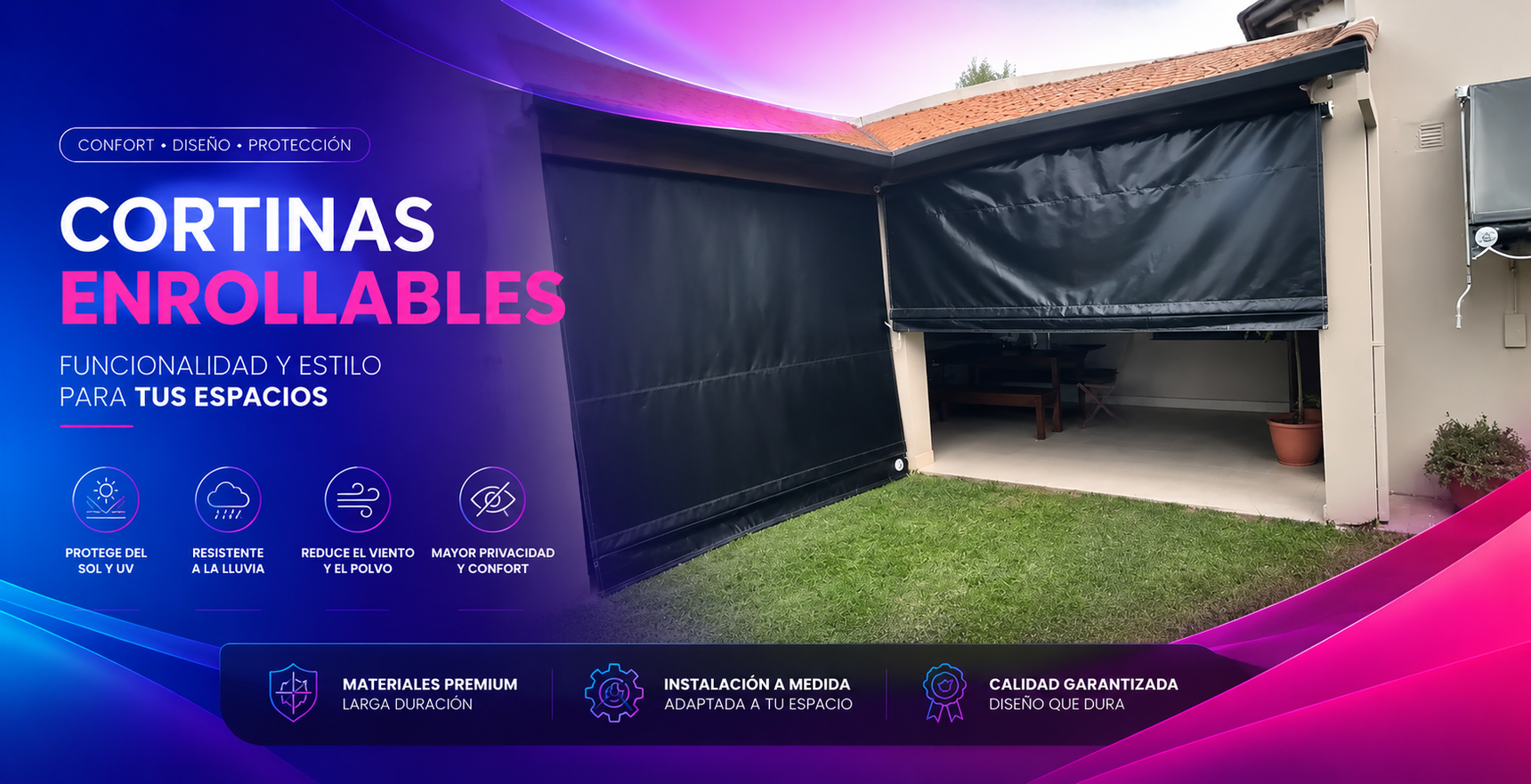 Cortinas enrollables negras instaladas en un patio cubierto, con panel promocional morado a la izquierda