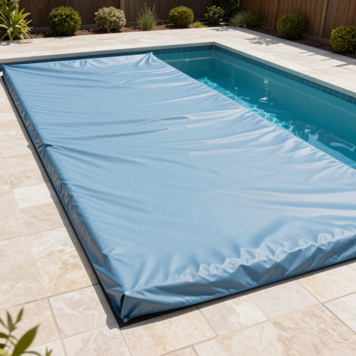 Una lona azul cubre una piscina rectangular en el patio trasero, junto a una terraza de piedra color canela.