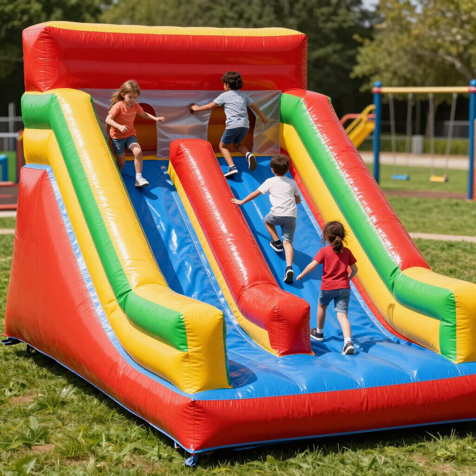 Niños trepando por un colorido tobogán inflable al aire libre en un parque.