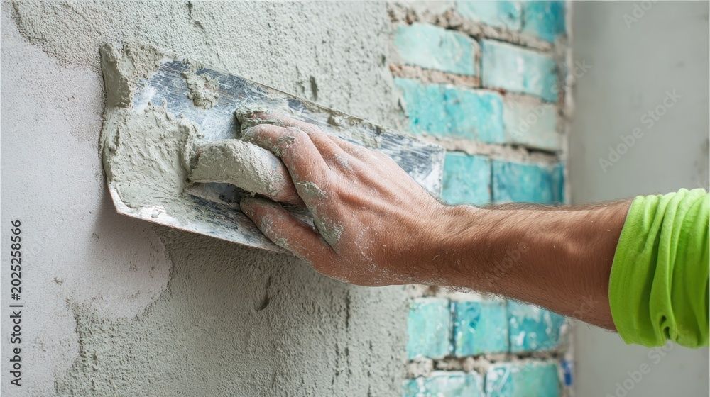 Hand smoothing cement onto a textured brick wall with a trowel. Hand smoothing cement onto a textured brick wall with a trowel.