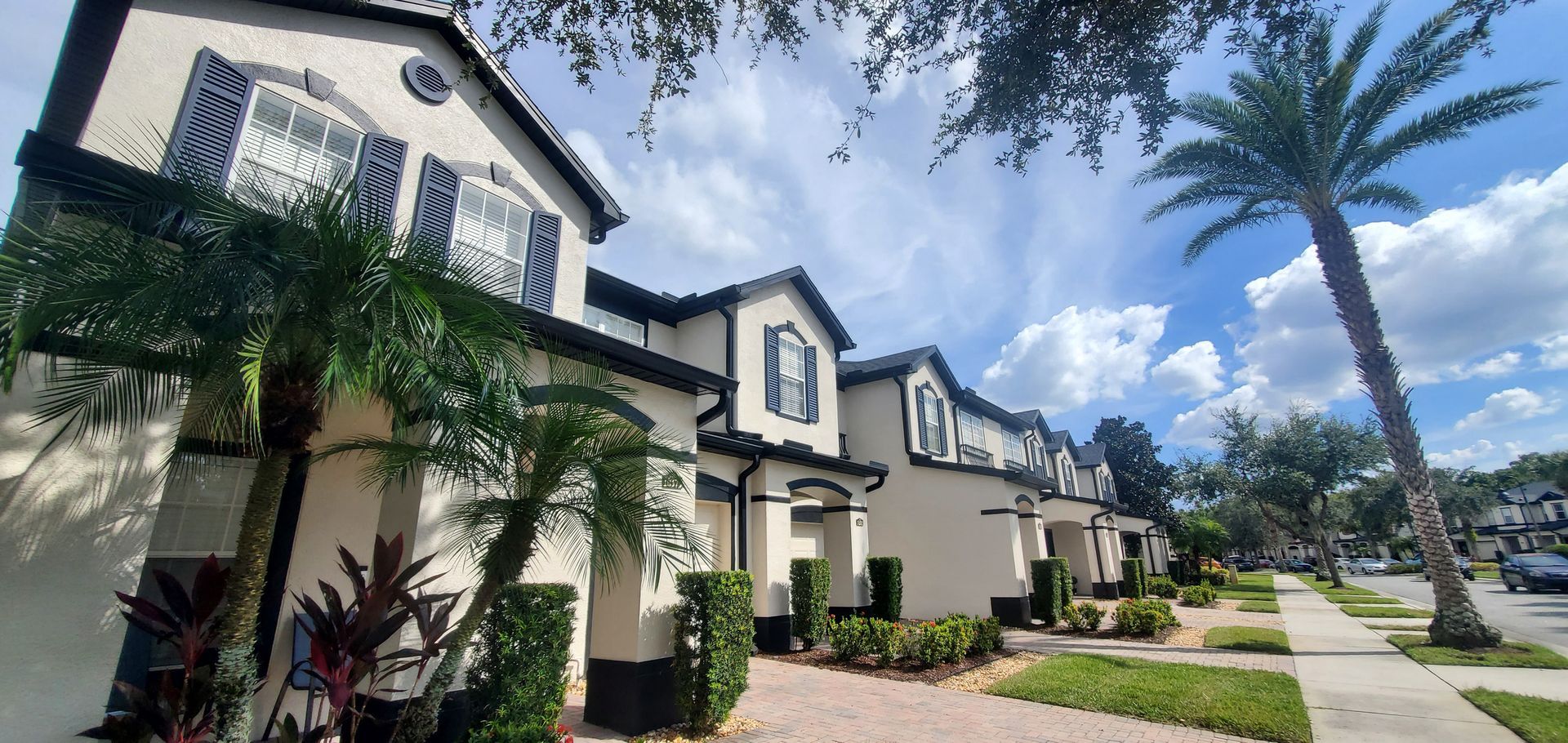 A row of houses with palm trees in front of them on a sunny day.