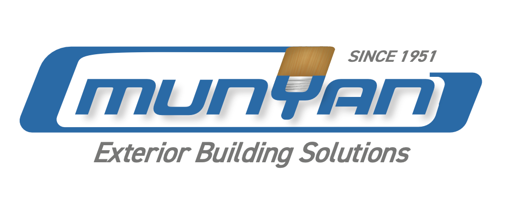 A blue and white logo for munyan exterior building solutions