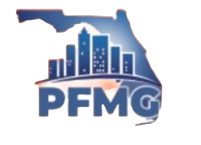 A logo for pfmg with a map of florida