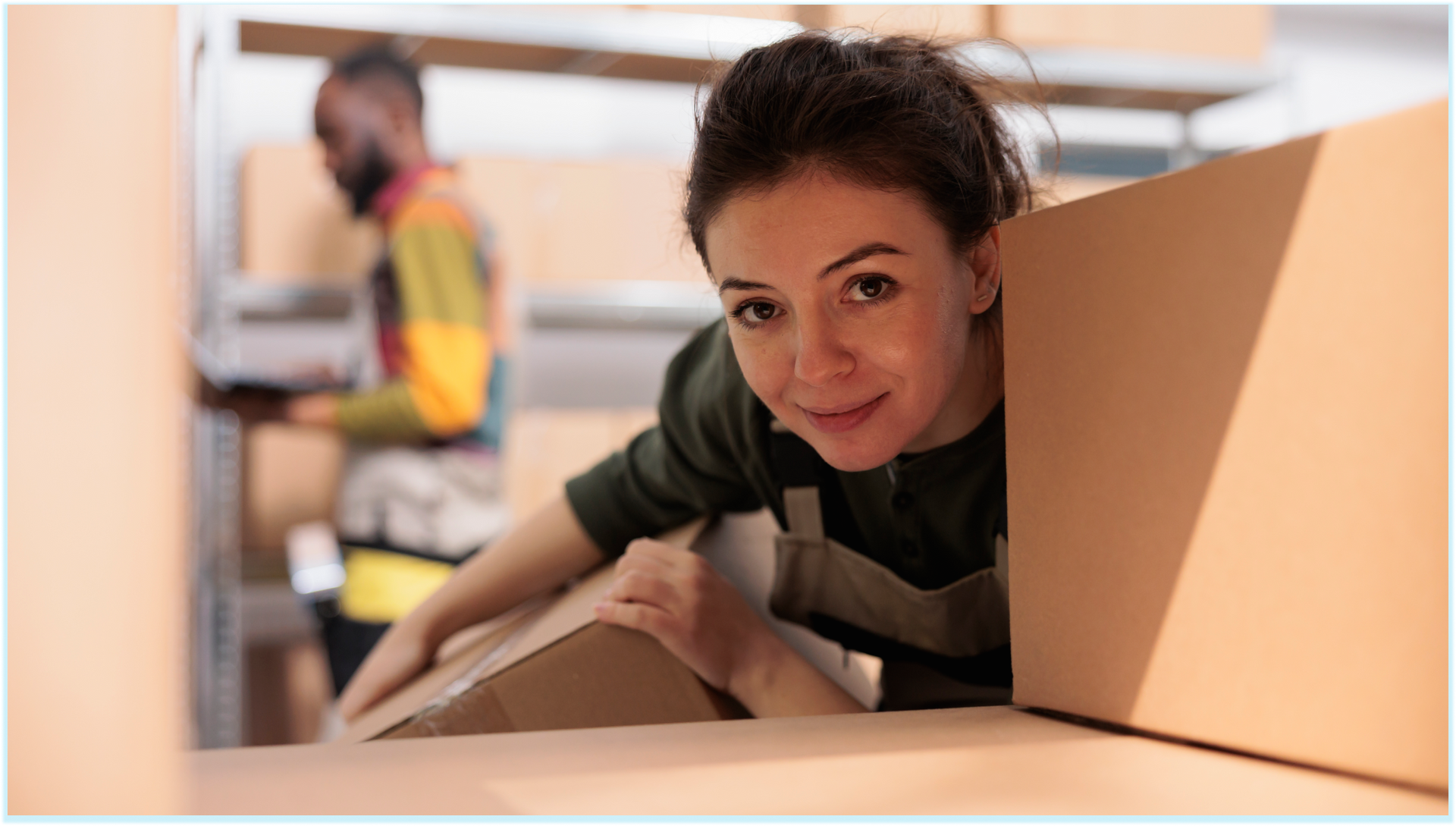 woman looking between storage boxes, friend behind