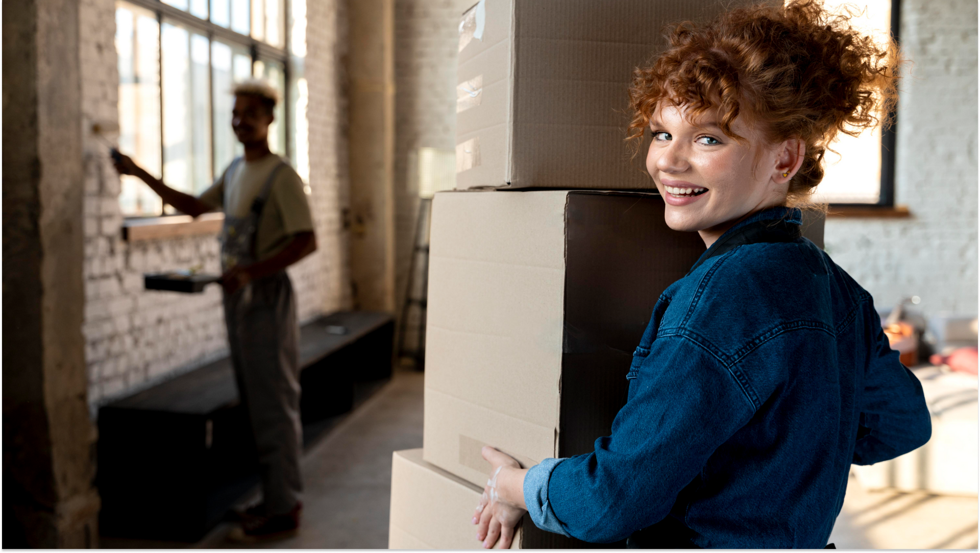 woman holding boxes with a friend painting behind her
