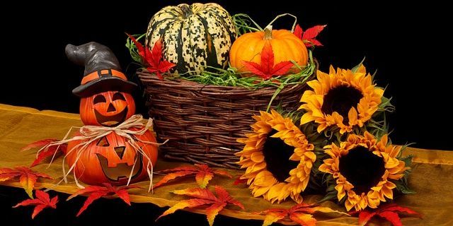 Basket of pumpkins, gourds, sunflowers and autumn leaves