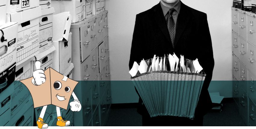 Graphic of a storage box with thumbs up in front of a man holding business files