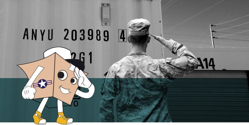 graphic of a storage box saluting in front of a military person saluting